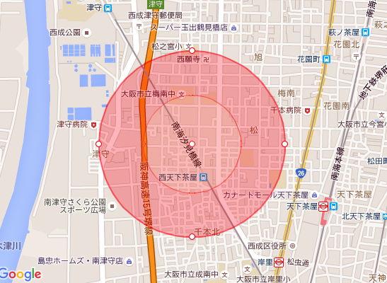 デイサービス昭和館を中心とした半径250mと半径500mのエリアマップ